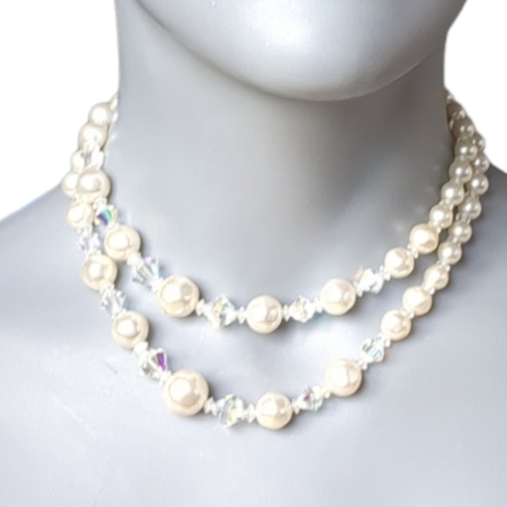 White Pearl and Beautiful Australia Crystal White AB Sparkly Rainbow  Necklace